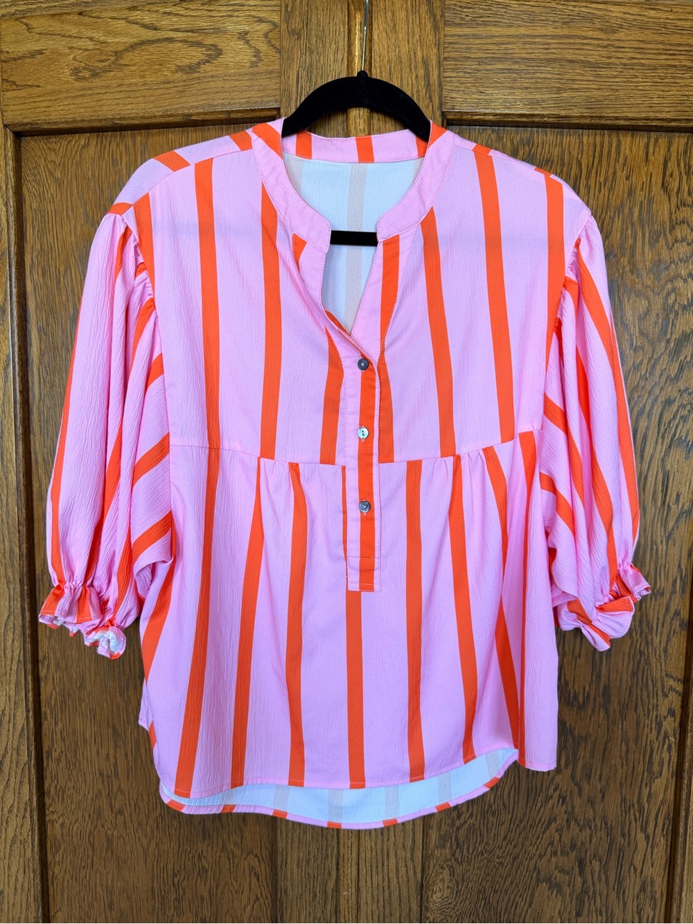 Relaxed Pink & Orange Striped Peasant Blouse